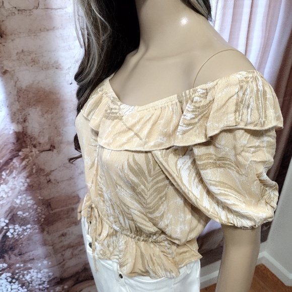 Blue B Collection Women's Beige Off Shoulder Ruffle Crop Top - Picture 12 of 13